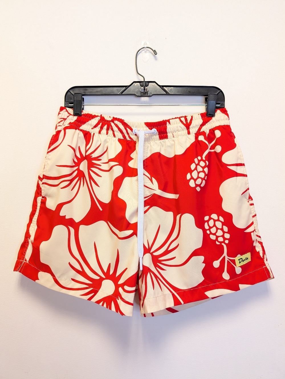 Duvin Tropical Hawaiian Floral Swim Trunks Red Cream Lined Beach Shorts